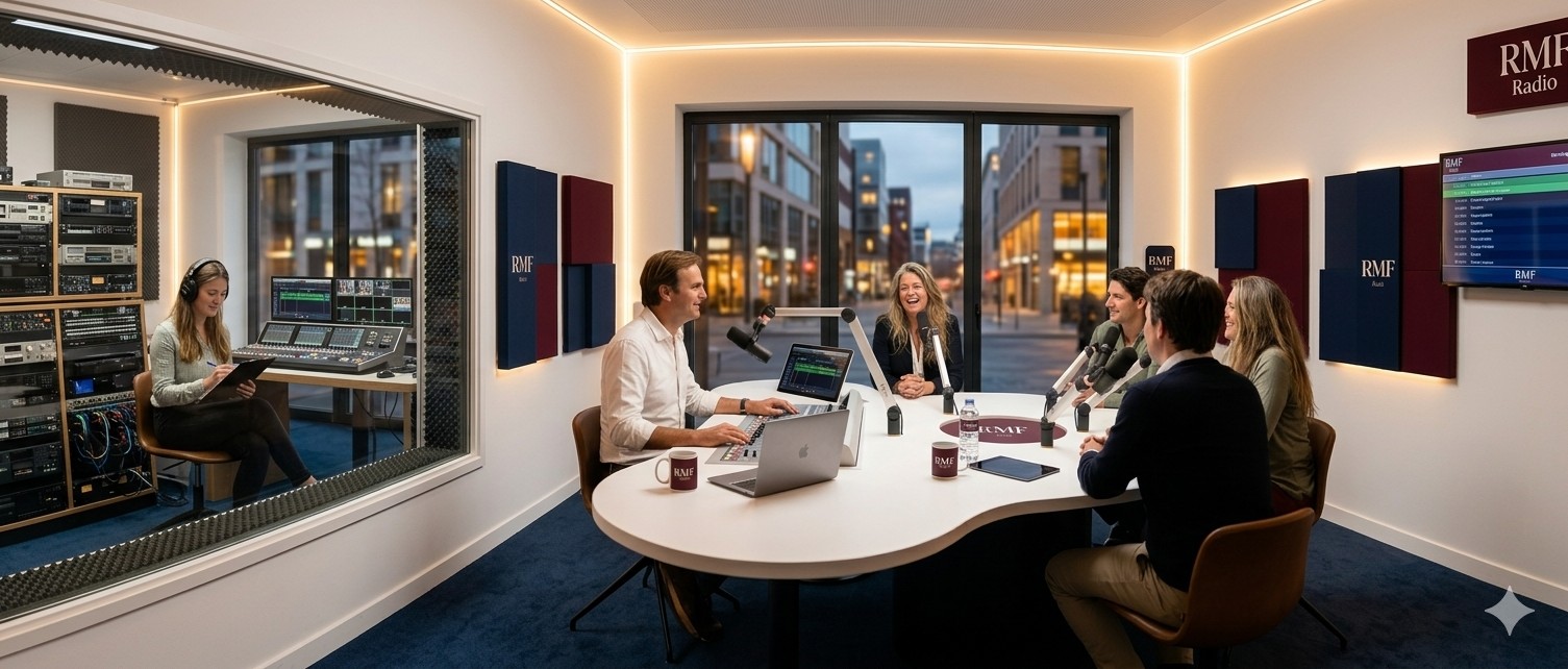 L'équipe de RMF Radio en plateau : Julien Cardon, Delphine Béné et leurs invités au micro dans le studio panoramique